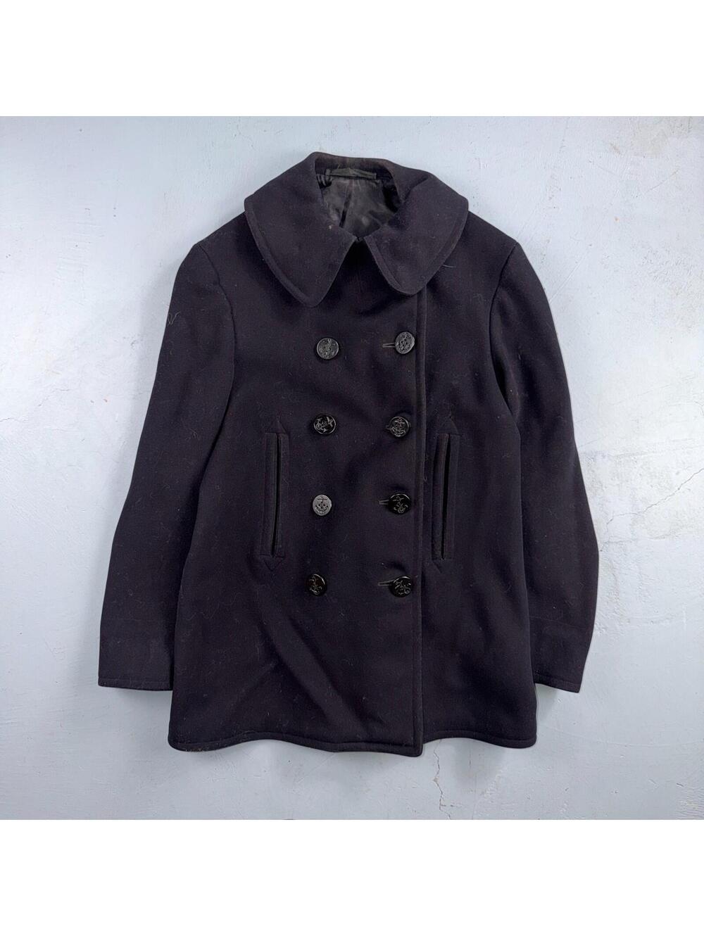 Vintage 40s WWII US Naval Clothing Factory 10 Button Navy Wool PeaCoat Military